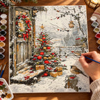 Complete Red Ribbons in Snow numbered canvas being painted with acrylic paints and brushes
