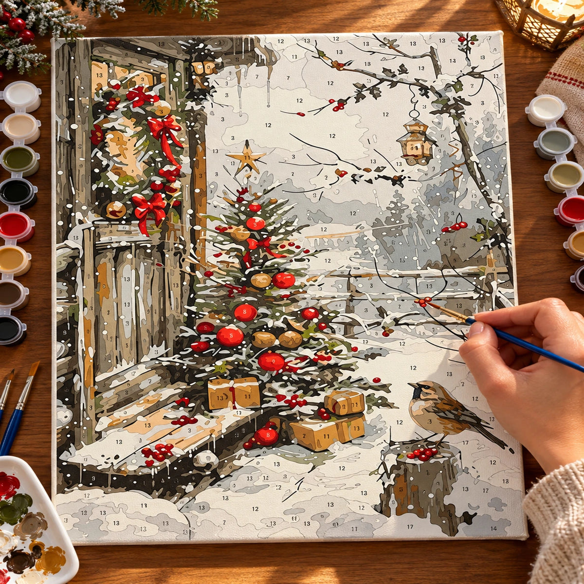 Complete Red Ribbons in Snow numbered canvas being painted with acrylic paints and brushes