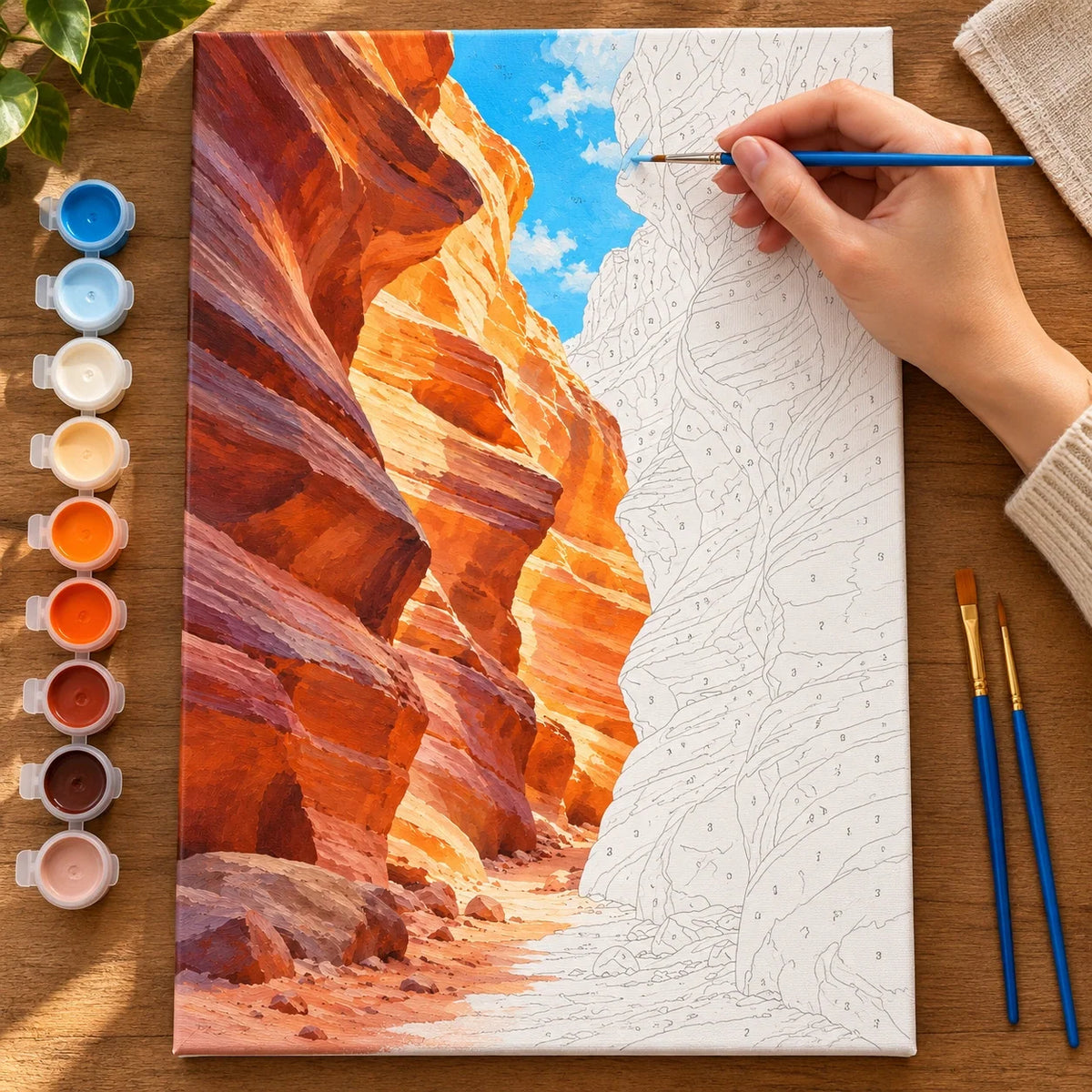 Complete Red Rock Slot Canyon numbered canvas being painted with acrylic paints and brushes