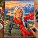 Painting process scene for the Woman Hiker in a Red Scarf kit, showing its complete numbered canvas and painting tools.
