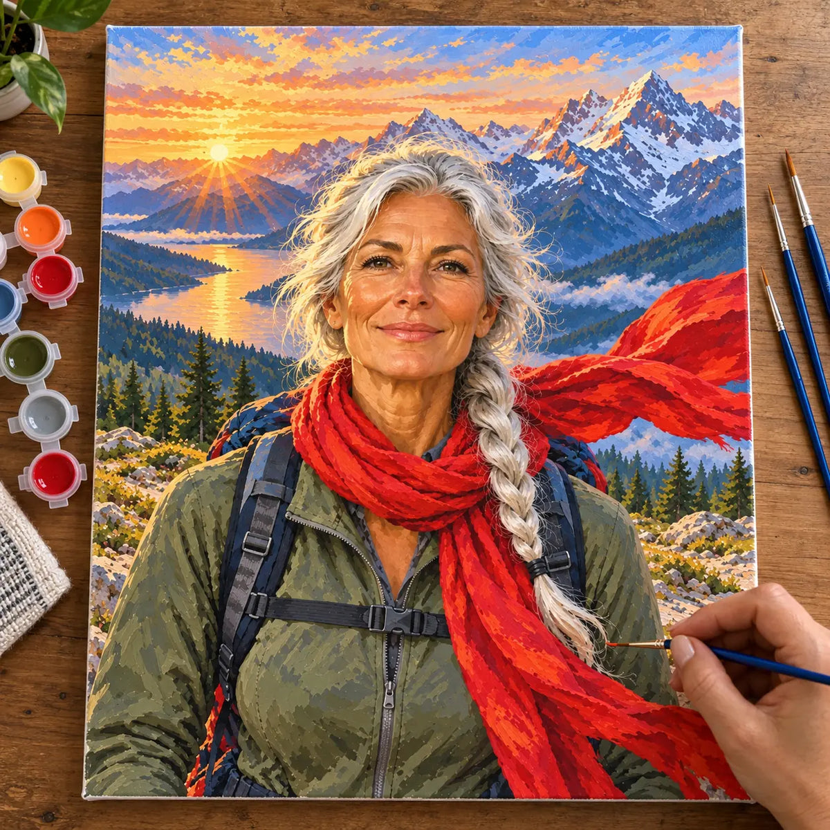 Painting process scene for the Woman Hiker in a Red Scarf kit, showing its complete numbered canvas and painting tools.