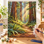 Complete Redwood Grove Sunbeam numbered canvas being painted with acrylic paints and brushes