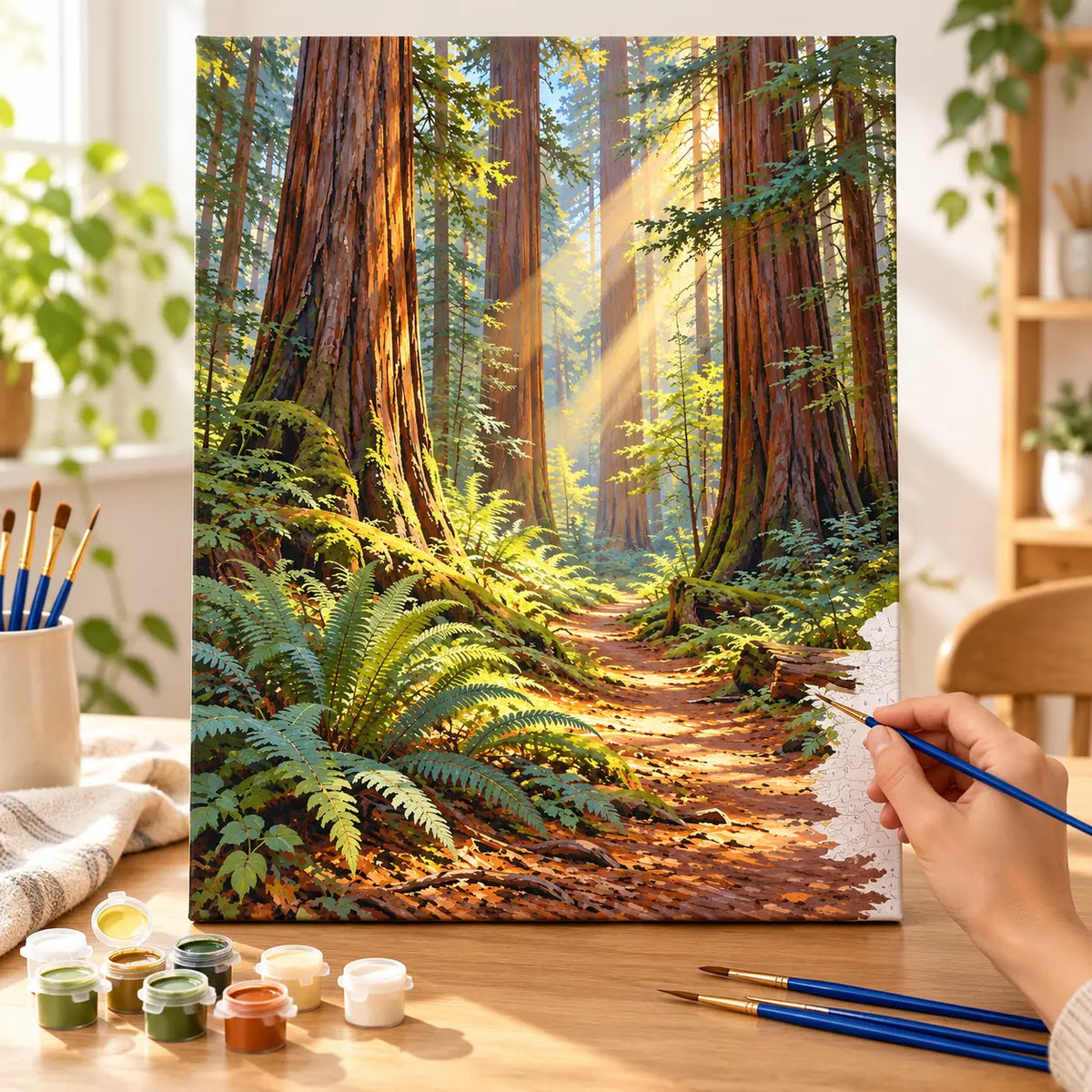 Complete Redwood Grove Sunbeam numbered canvas being painted with acrylic paints and brushes