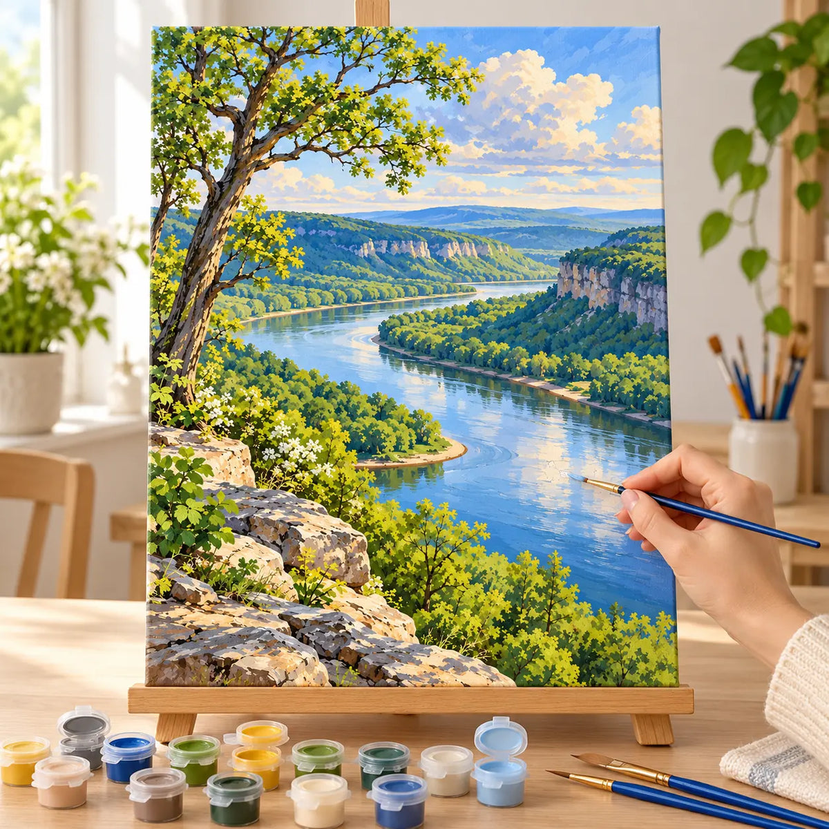 Painting process example for the river bluffs spring green paint by numbers design.