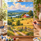 Complete Rolling Hayfields Red Barn numbered canvas being painted with acrylic paints and brushes