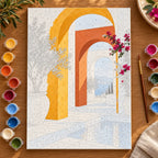 Painting process scene for the Saffron Arches Sea View kit, with the complete numbered canvas and painting tools.