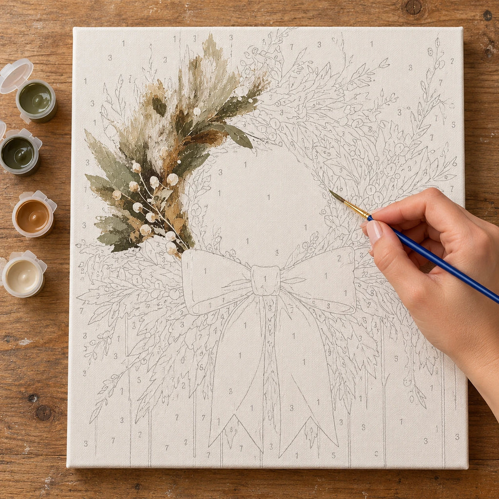Complete Sage Ribbon Evergreen Wreath numbered canvas being painted with acrylic paints and brushes