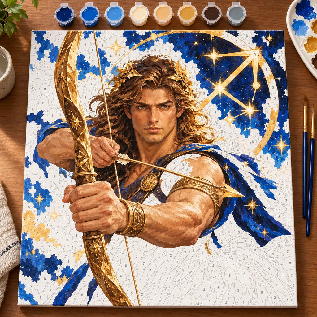 Painting process scene for the Sagittarius Male Archer Zodiac Portrait kit, showing its complete numbered canvas and painting tools.