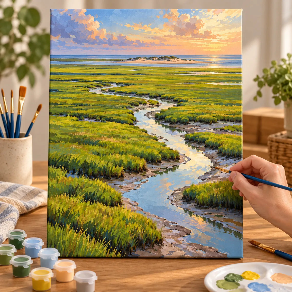Painting process example for the salt marsh creek winding paint by numbers design.