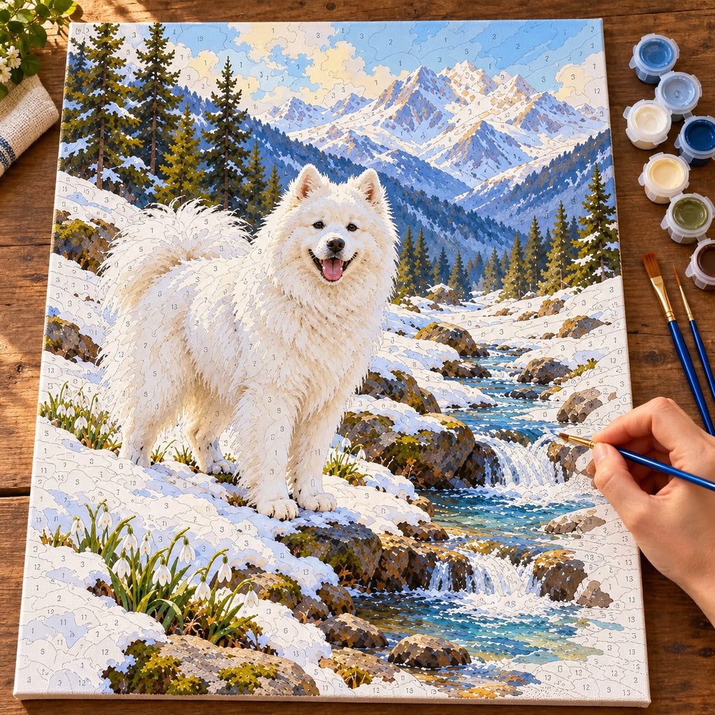 Painting process for Samoyed in Spring Snowmelt paint by numbers kit