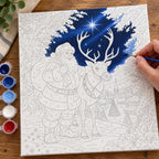 Complete Santa Beneath the Guiding Star numbered canvas being painted with acrylic paints and brushes