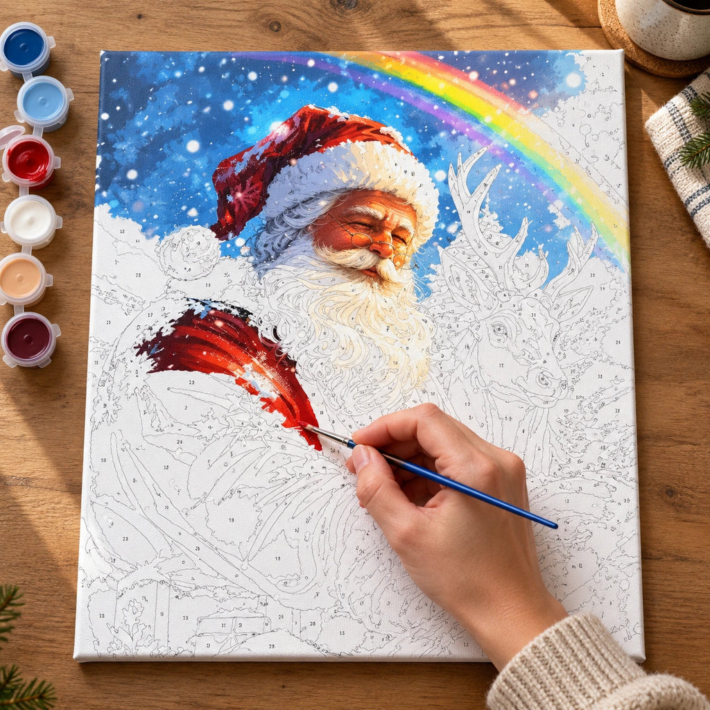 Complete Santa Beneath a Winter Rainbow numbered canvas being painted with acrylic paints and brushes