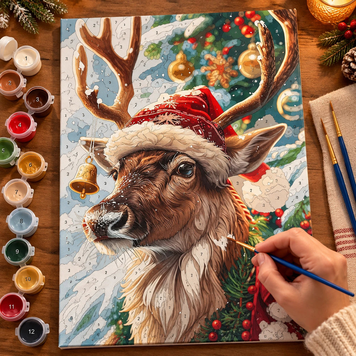 Complete Santa Hat Reindeer numbered canvas being painted with acrylic paints and brushes