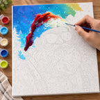 Complete Santa in Vivid Colors numbered canvas being painted with acrylic paints and brushes