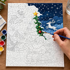 Complete Santa’s Snowy Sleigh with Reindeer numbered canvas being painted with acrylic paints and brushes