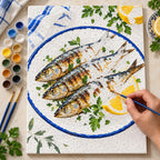 Painting process scene for the Sardines Lemon Enamel Plate kit, with the complete numbered canvas and painting tools.
