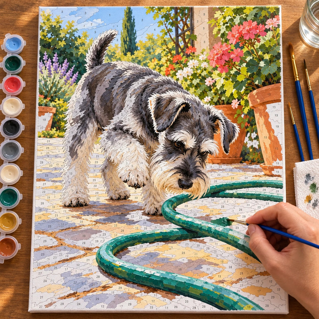 Painting process for Schnauzer with a Garden Hose paint by numbers kit