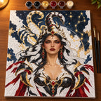 Painting process scene for the Scorpio Scorpion Queen Constellation kit, with the complete numbered canvas and painting tools.