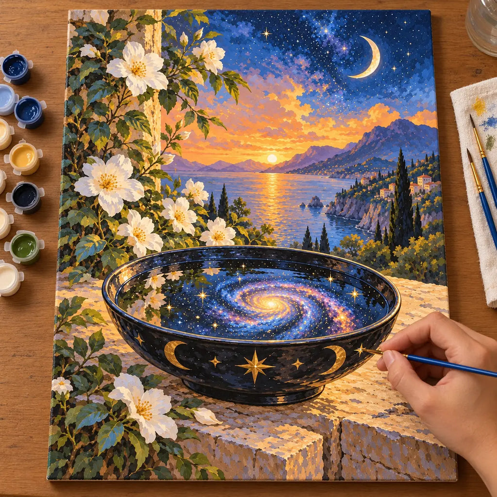 Painting process scene for the Galaxy Scrying Bowl by a Moonlit Coast kit, showing its complete numbered canvas and painting tools.