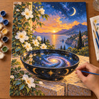 Painting process scene for the Galaxy Scrying Bowl by a Moonlit Coast kit, showing its complete numbered canvas and painting tools.