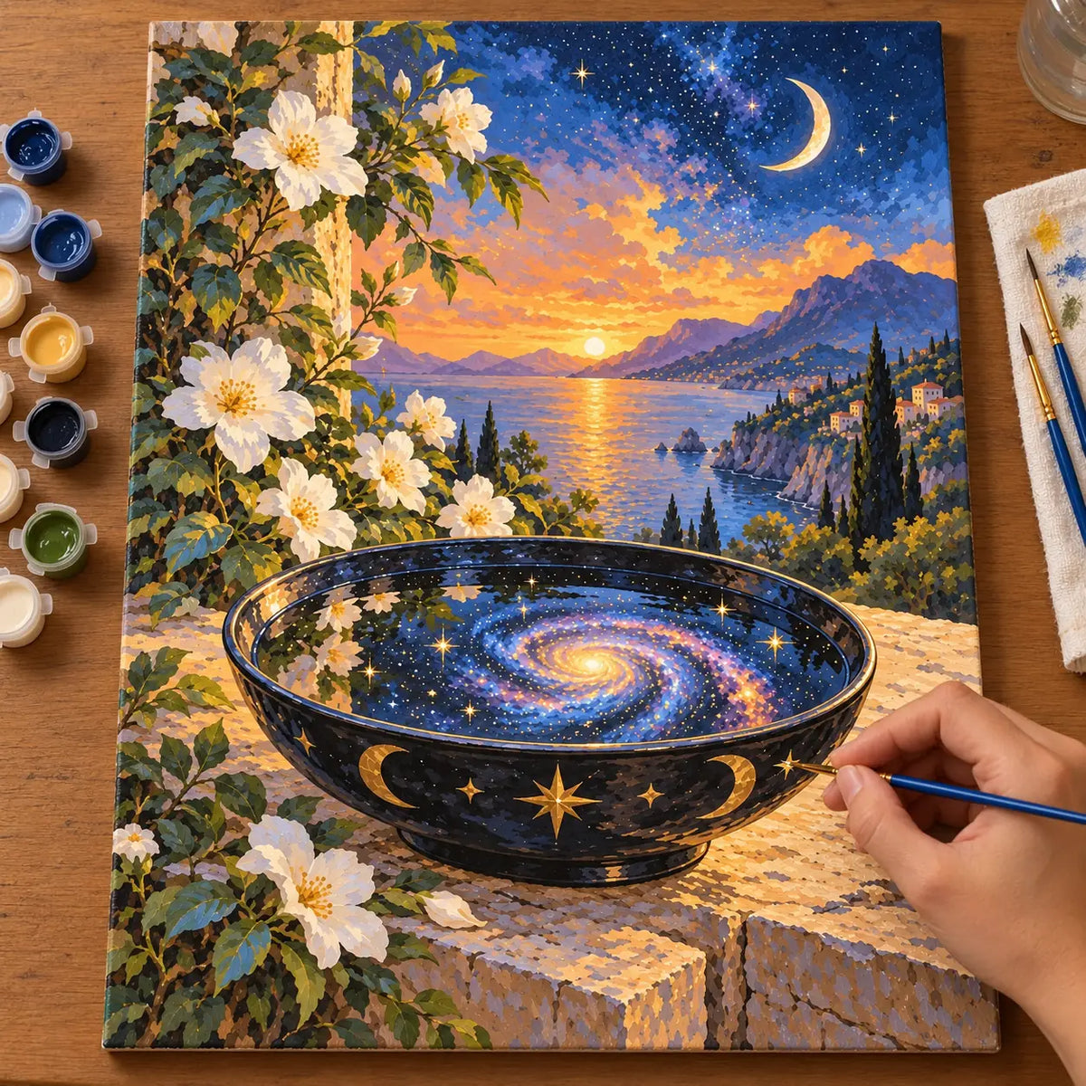 Painting process scene for the Galaxy Scrying Bowl by a Moonlit Coast kit, showing its complete numbered canvas and painting tools.