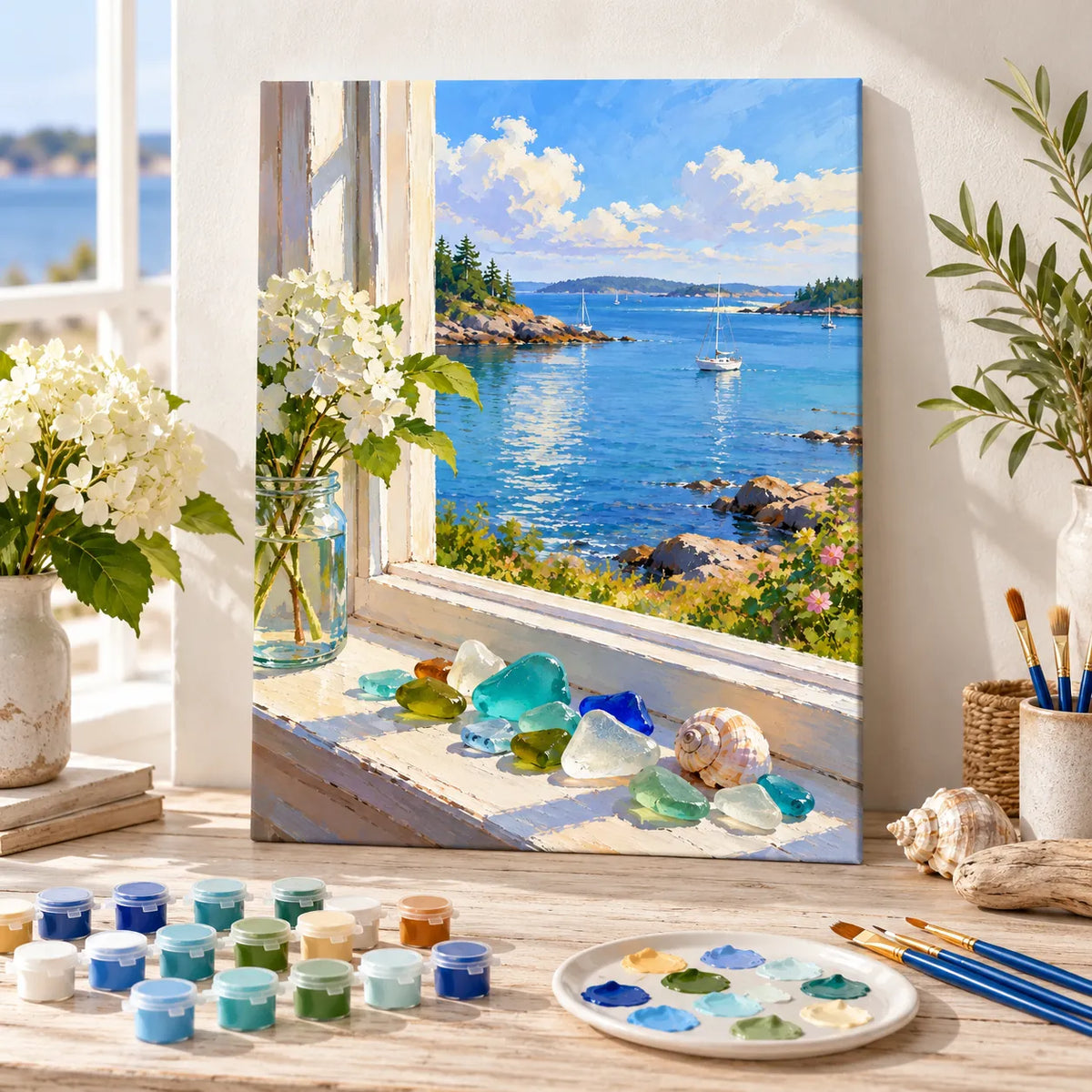 Painting process example for the sea glass window display paint by numbers design.