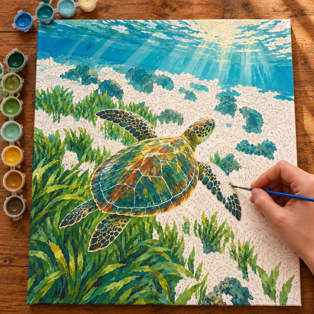 Painting process for Sea Turtle above Seagrass paint by numbers kit