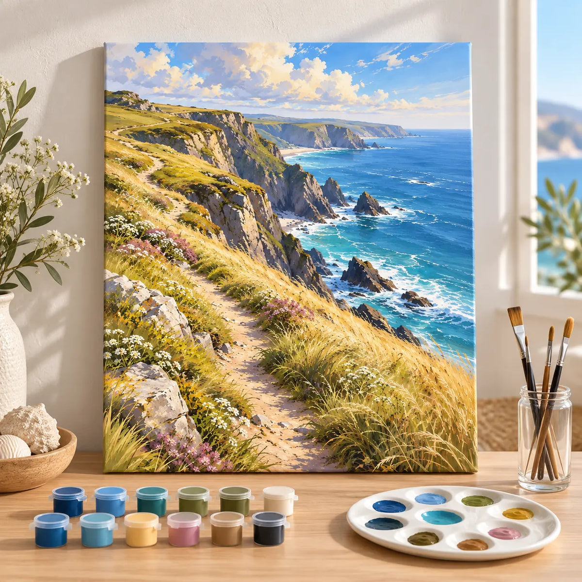 Painting process example for the seaside cliff wild grass path paint by numbers design.