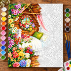Secret Garden Flower Canopy numbered canvas being painted with acrylic paints and brushes