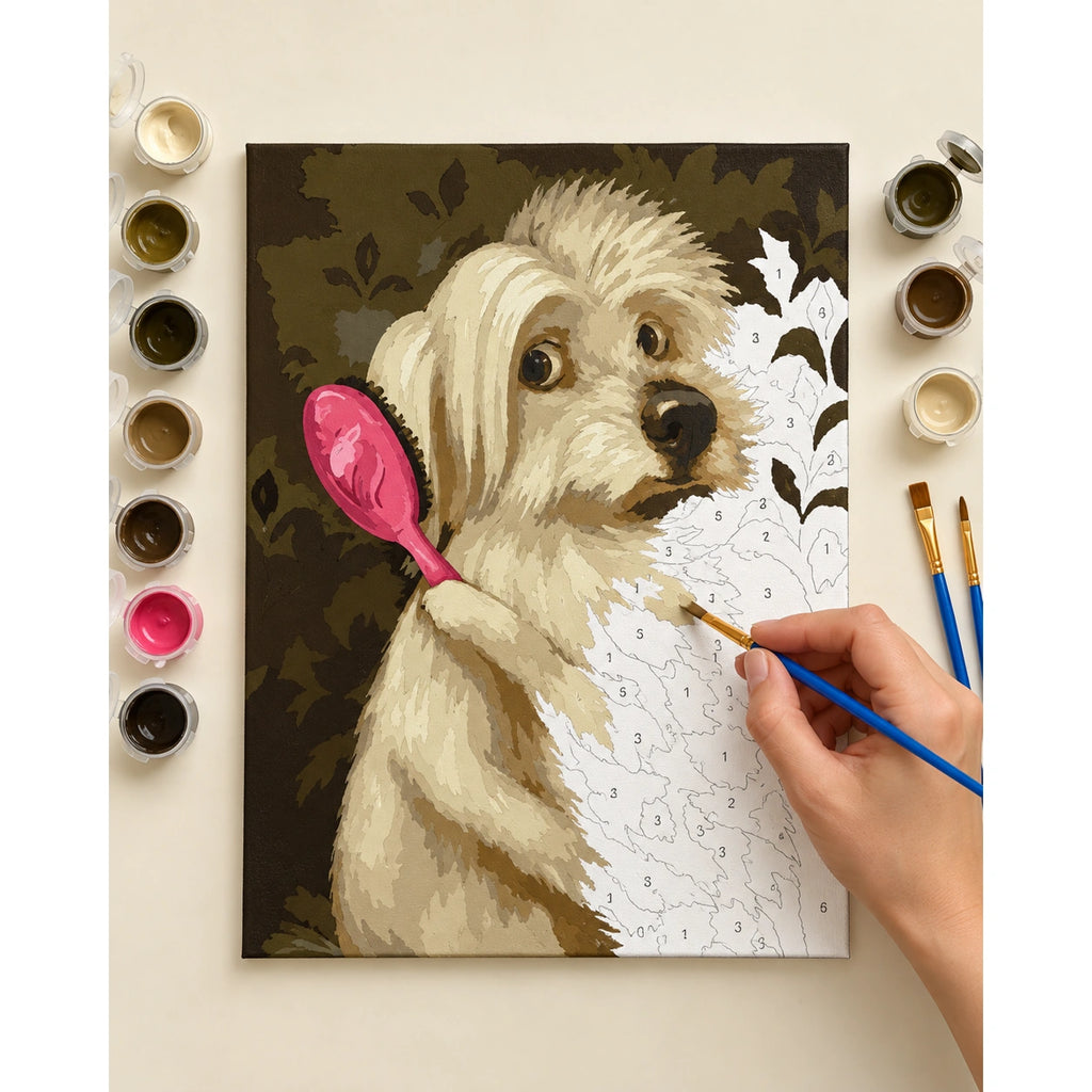 Complete Shaggy Puppy with a Pink Hairbrush numbered canvas being painted with acrylic paints and brushes.