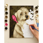 Complete Shaggy Puppy with a Pink Hairbrush numbered canvas being painted with acrylic paints and brushes.