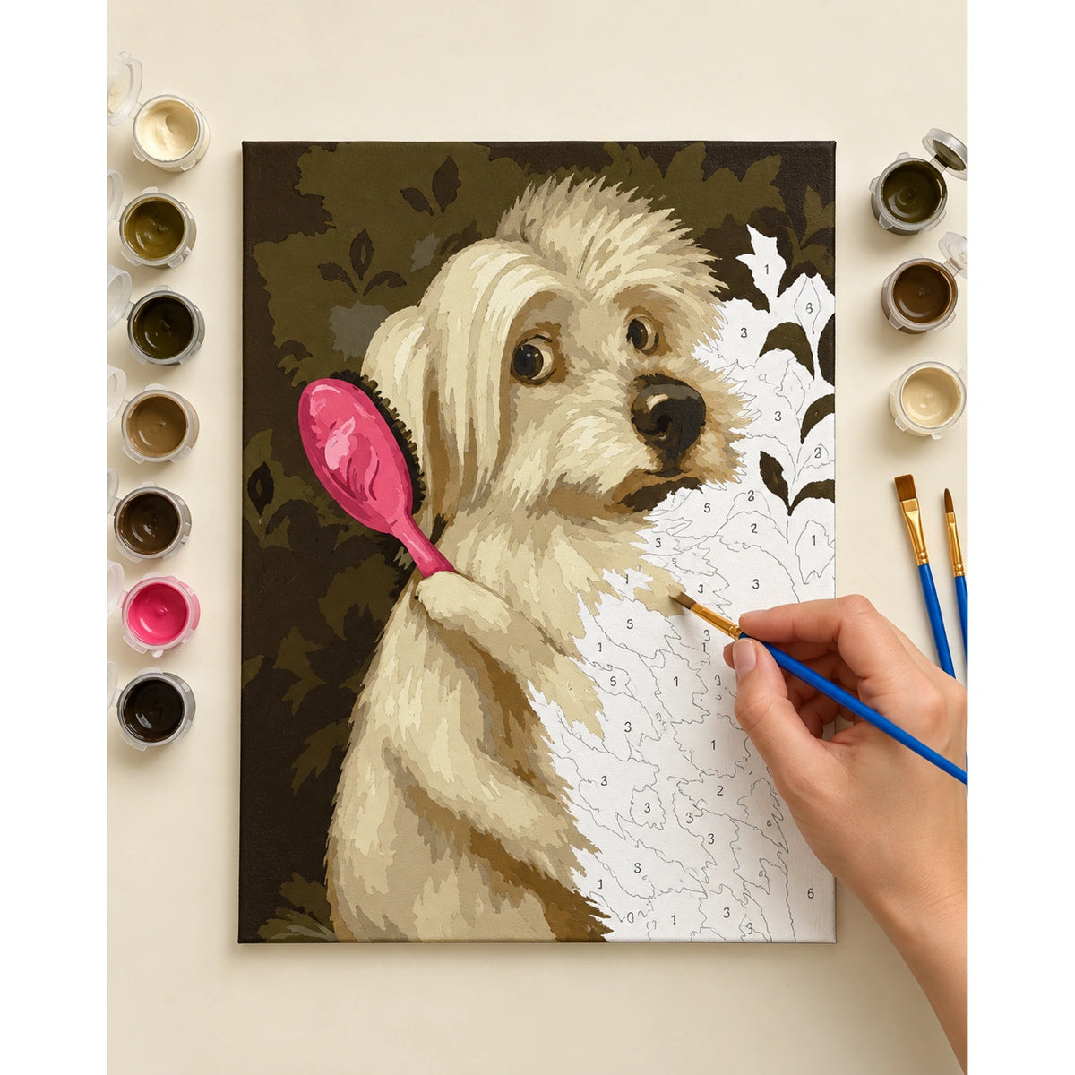 Complete Shaggy Puppy with a Pink Hairbrush numbered canvas being painted with acrylic paints and brushes.
