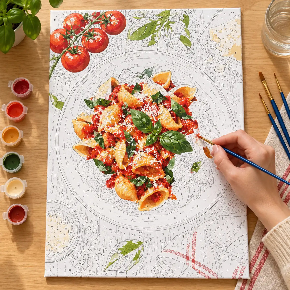 Painting process scene for the Shell Pasta Red Sauce Bowl kit, with the complete numbered canvas and painting tools.