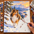 Painting process for Sheltie on a Snowshoe Walk paint by numbers kit