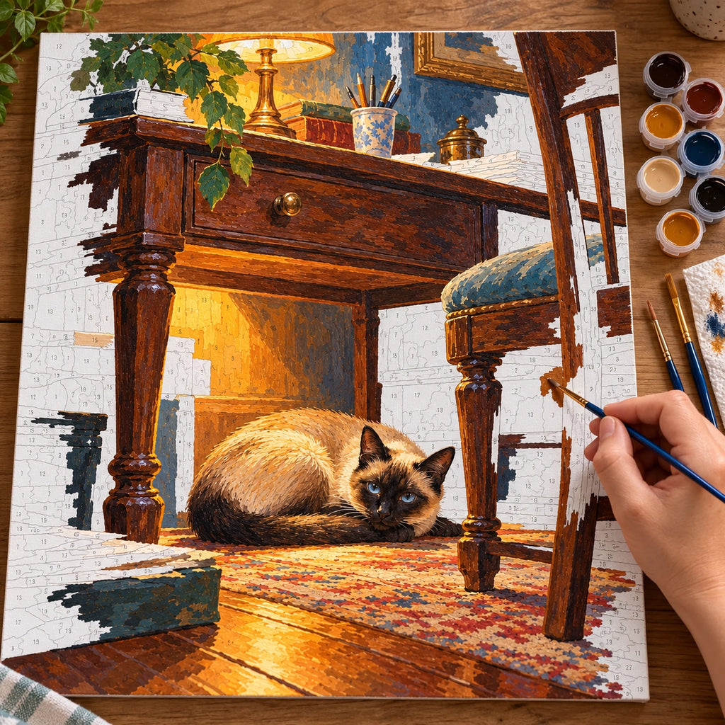Painting process for Siamese Cat under a Desk Lamp paint by numbers kit
