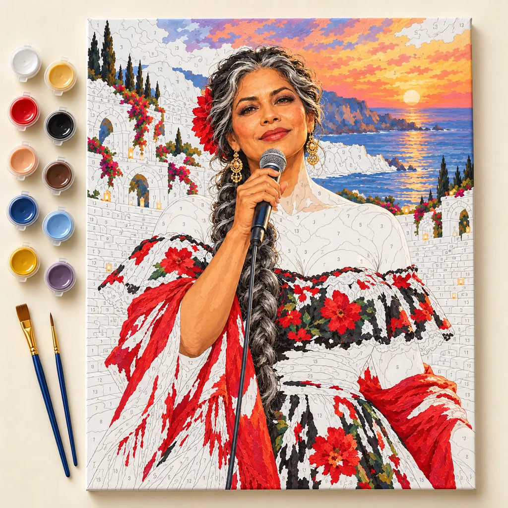 Painting process scene for the Woman Singer Performing by a Coastal Amphitheater kit, showing its complete numbered canvas and painting tools.