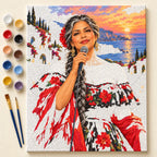 Painting process scene for the Woman Singer Performing by a Coastal Amphitheater kit, showing its complete numbered canvas and painting tools.