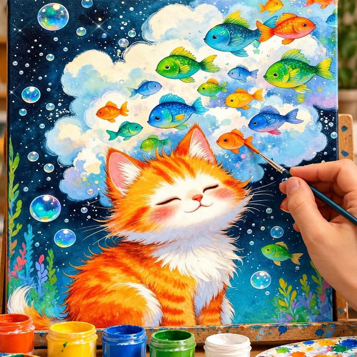 Complete Sleepy Orange Cat Underwater Fish Galaxy numbered canvas being painted with acrylic paints and brushes