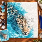Snow Leopard in Turquoise Water numbered canvas being painted with acrylic paints and brushes