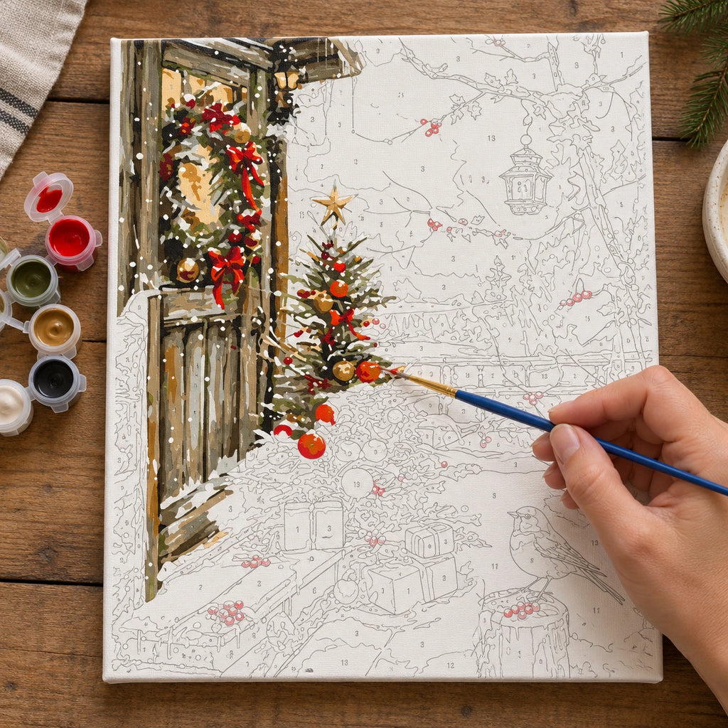 Complete Snowbound Christmas Grove numbered canvas being painted with acrylic paints and brushes