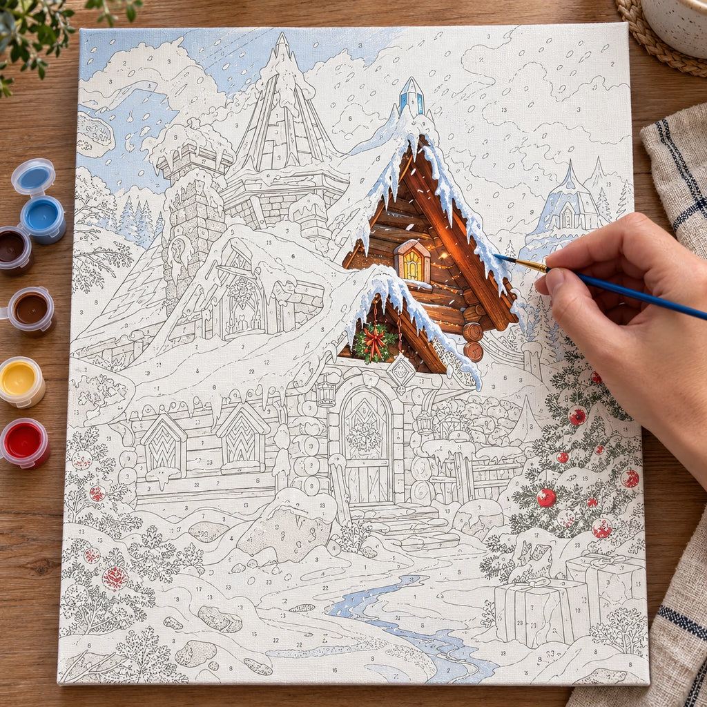 Complete Snowfall at Christmas Village numbered canvas being painted with acrylic paints and brushes