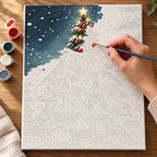 Complete Snowfall Beneath Christmas Lights numbered canvas being painted with acrylic paints and brushes