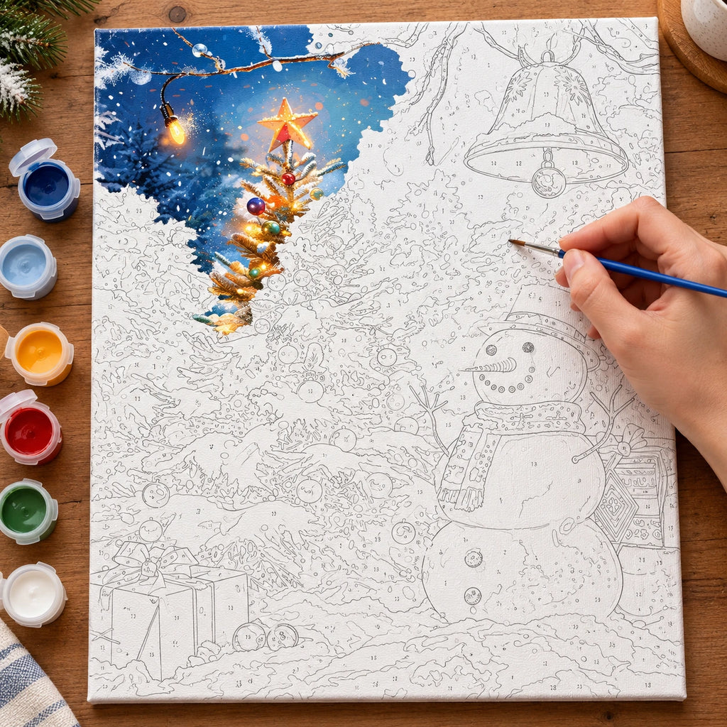 Complete Snowfall Christmas Glow Snowman numbered canvas being painted with acrylic paints and brushes