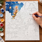 Complete Snowfall Christmas Glow Snowman numbered canvas being painted with acrylic paints and brushes
