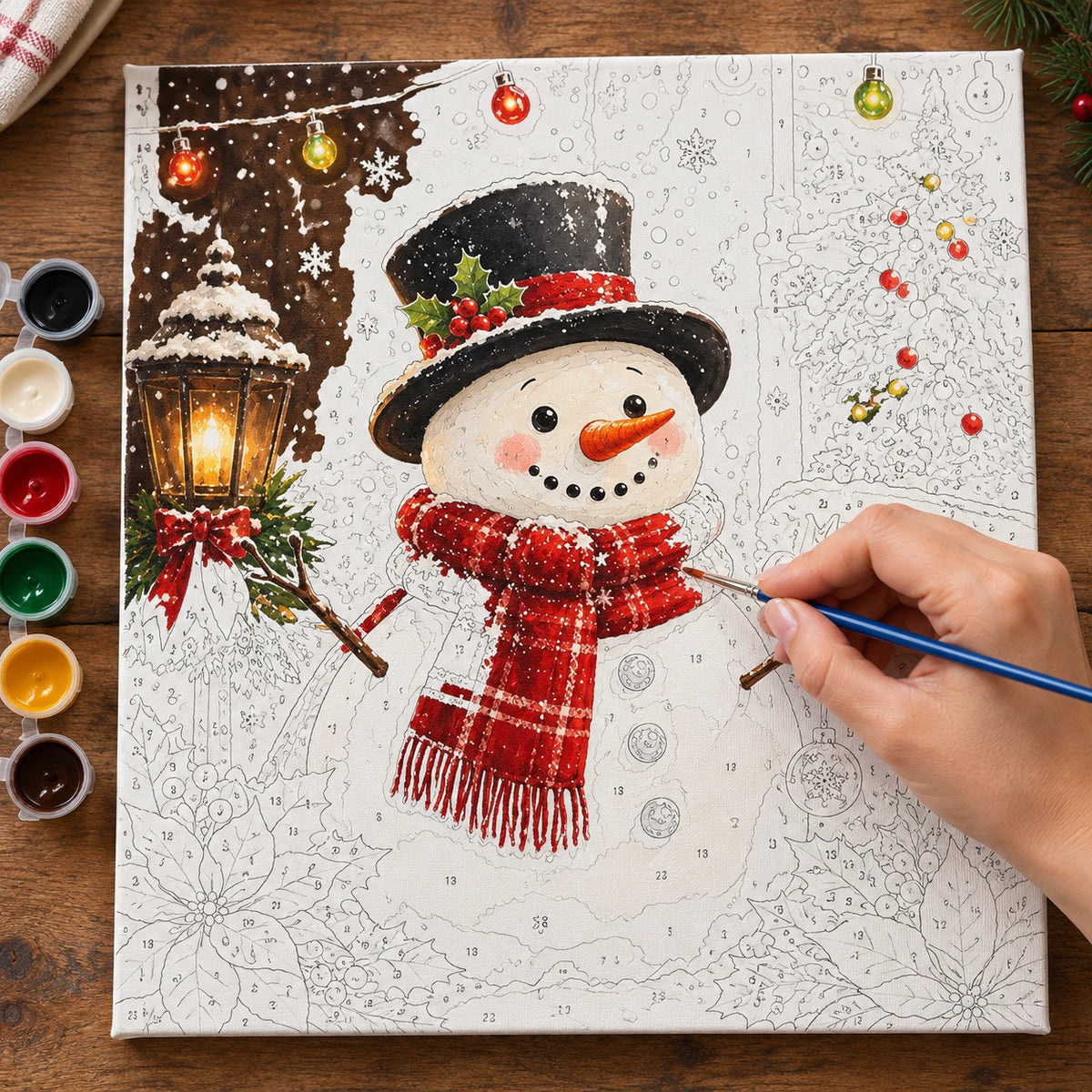 Complete Snowfall Christmas Greeting Snowman numbered canvas being painted with acrylic paints and brushes