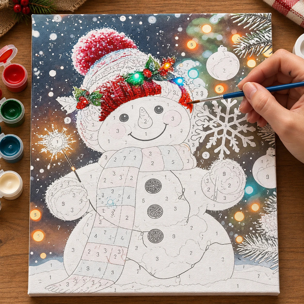 Complete Snowfall Holiday Glow Snowman numbered canvas being painted with acrylic paints and brushes