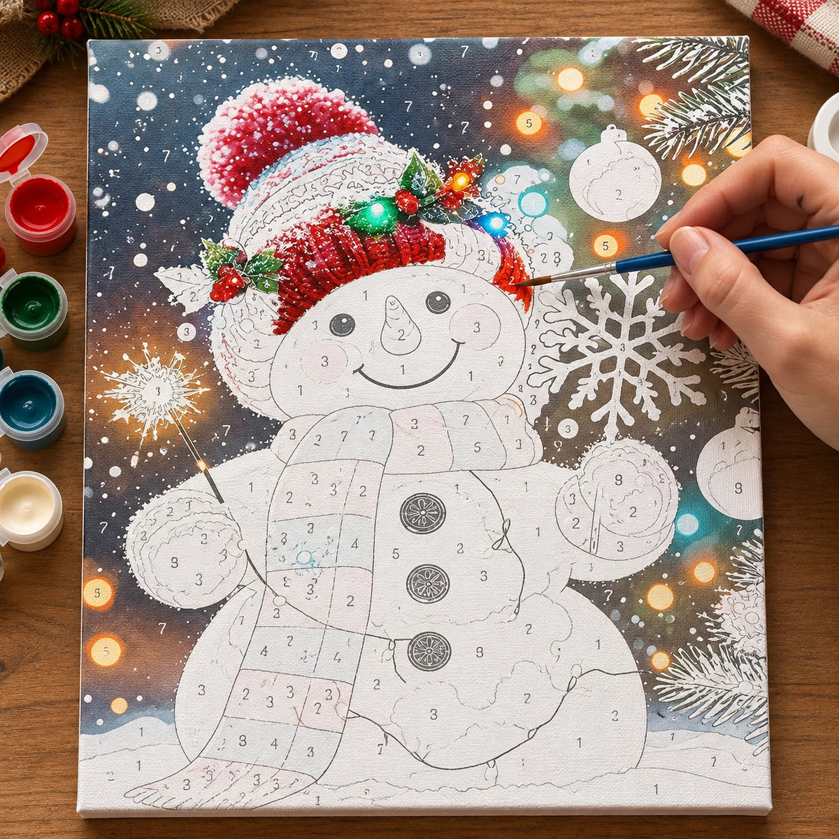 Complete Snowfall Holiday Glow Snowman numbered canvas being painted with acrylic paints and brushes