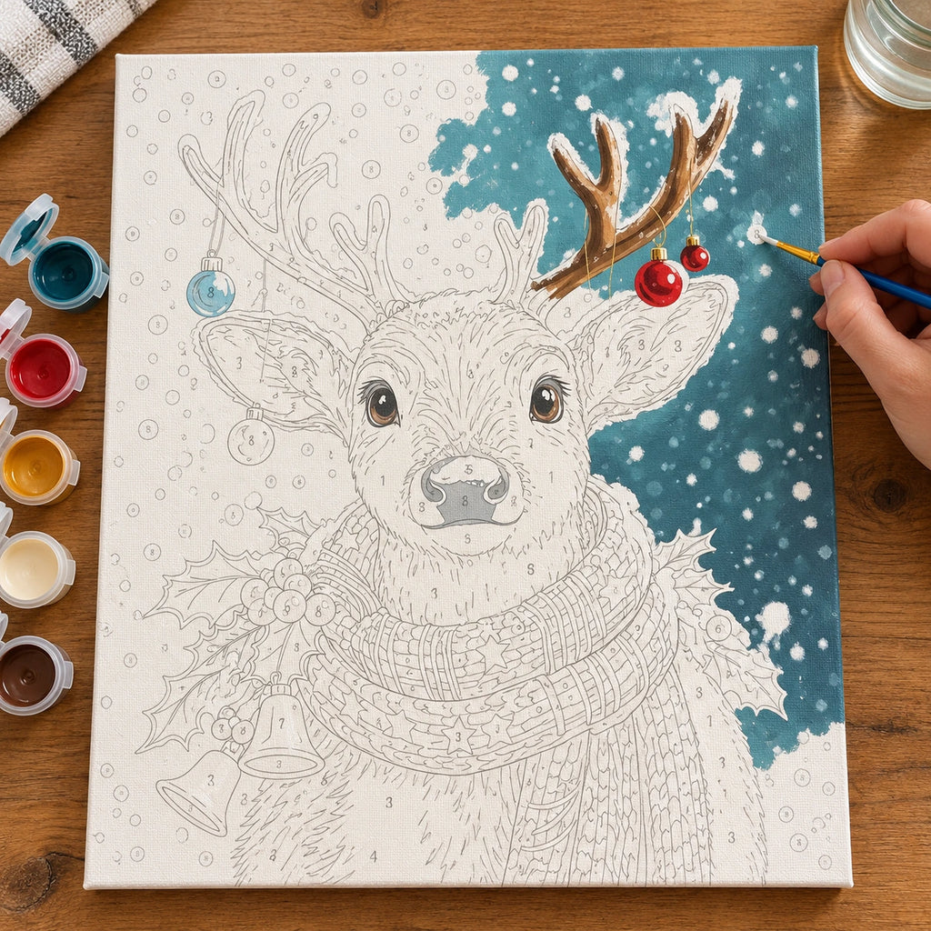 Complete Snowfall Scarf Reindeer numbered canvas being painted with acrylic paints and brushes