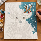 Complete Snowfall Scarf Reindeer numbered canvas being painted with acrylic paints and brushes