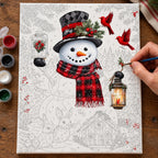 Complete Snowfall Woodland Welcome Snowman numbered canvas being painted with acrylic paints and brushes